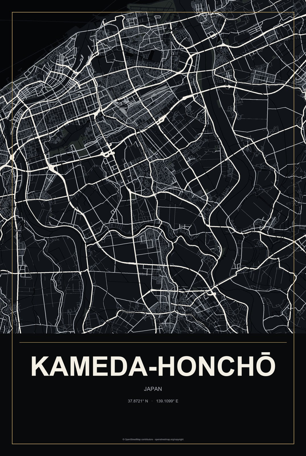 Kameda-honchō, Japan City Map Aluminum Sign in Metropolitan Noir style