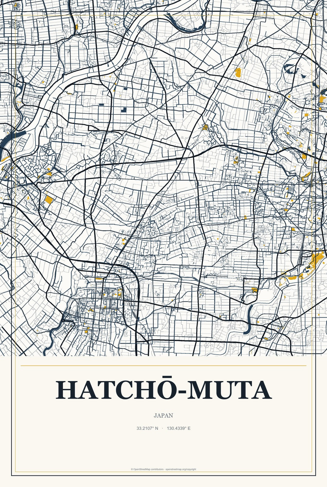 Hatchō-muta, Japan City Map Aluminum Sign in Citrine Modern style