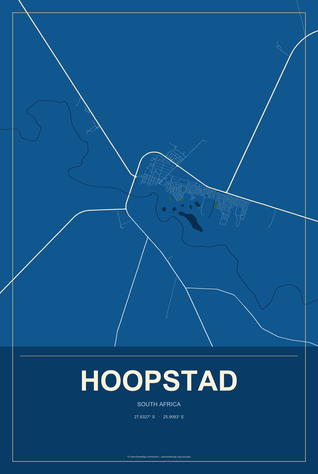Hoopstad, South Africa City Map Aluminum Sign in Harbor Cobalt style