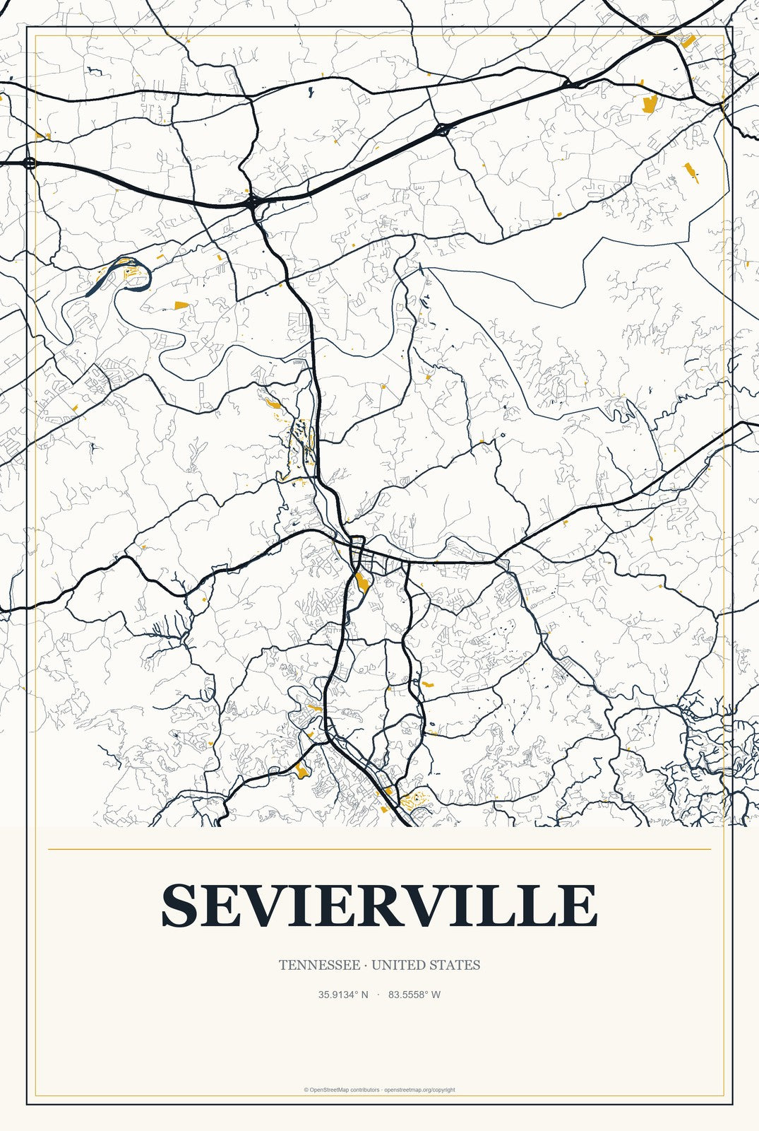 Sevierville, Tennessee City Map Aluminum Sign in Citrine Modern style