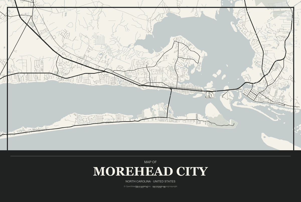 Morehead City, North Carolina City Map Aluminum Sign in Museum Plaque style