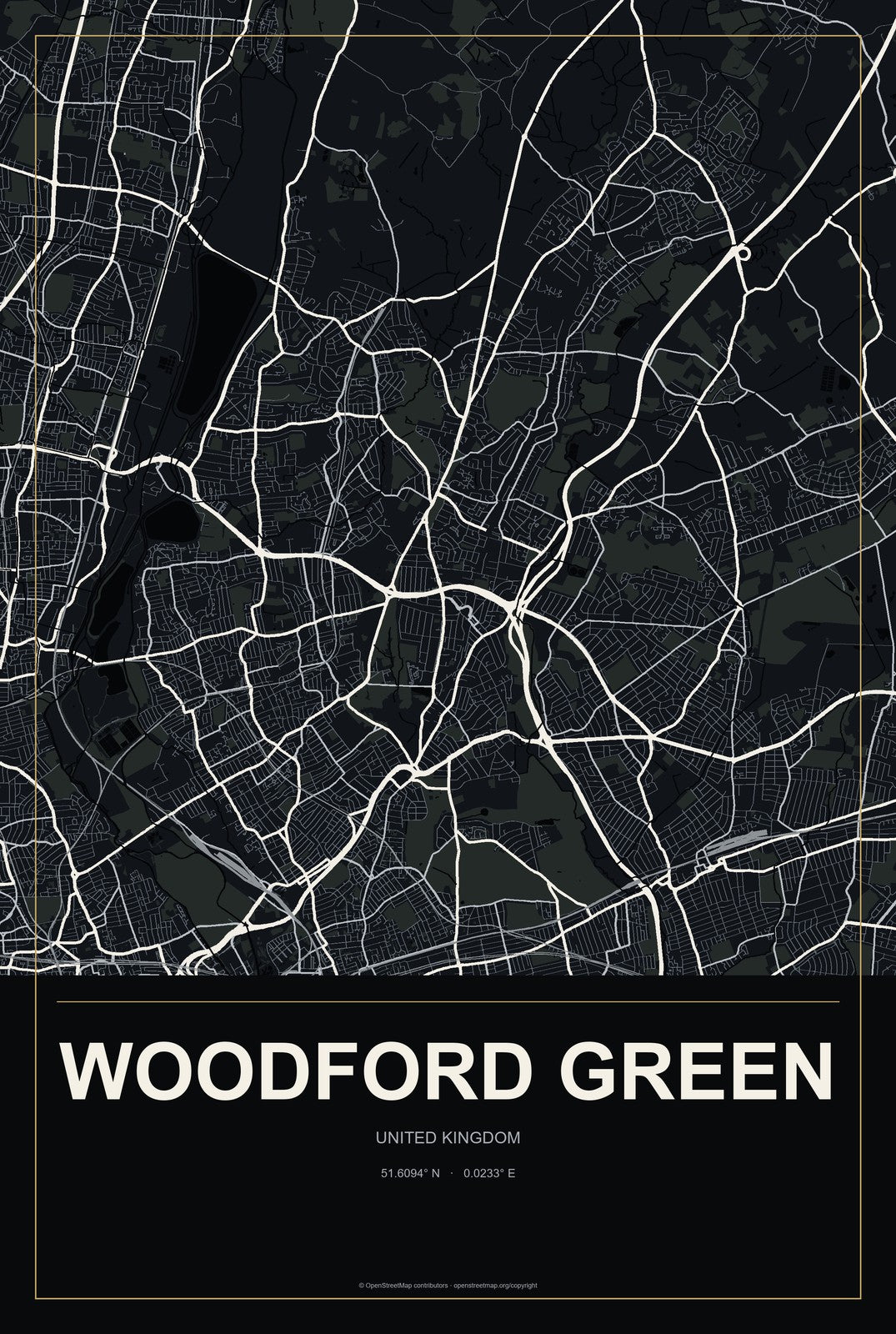 Woodford Green, United Kingdom City Map Aluminum Sign in Metropolitan Noir style