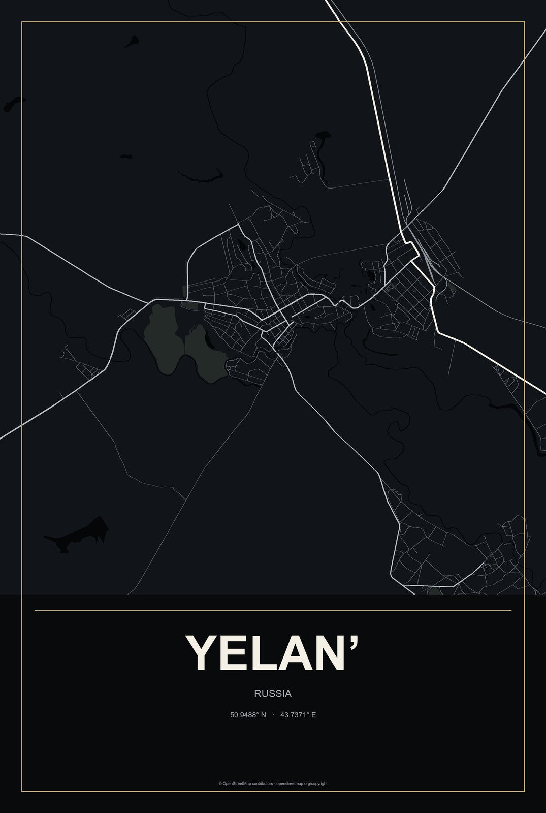 Yelan’, Russia City Map Aluminum Sign in Metropolitan Noir style