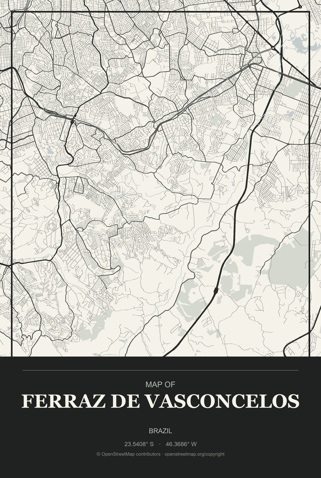 Ferraz de Vasconcelos, Brazil City Map Aluminum Sign in Museum Plaque style