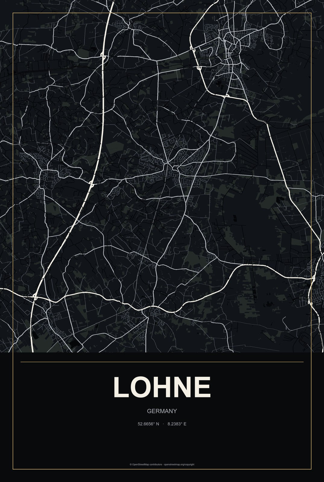 Lohne, Germany City Map Aluminum Sign in Metropolitan Noir style