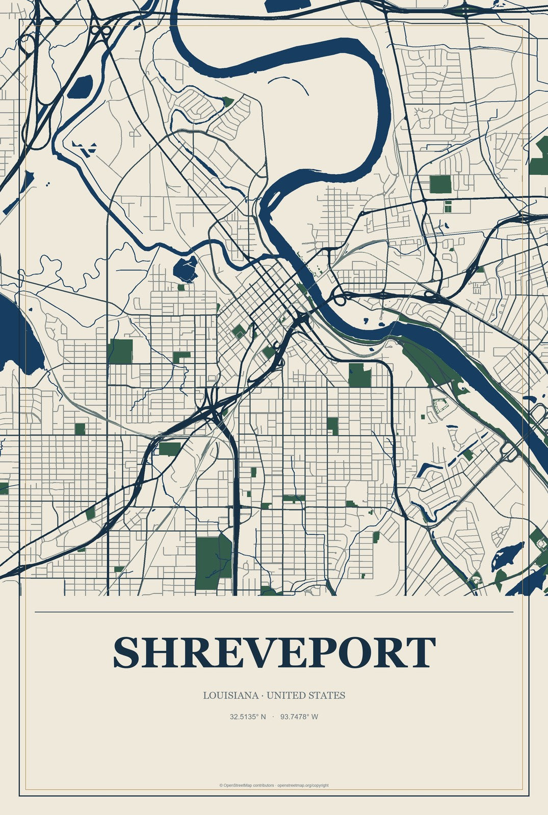 Shreveport, Louisiana City Map Aluminum Sign in Coastal Cutout style