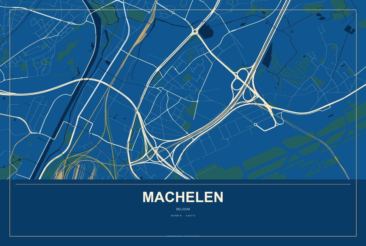 Machelen, Belgium City Map Aluminum Sign in Harbor Cobalt style