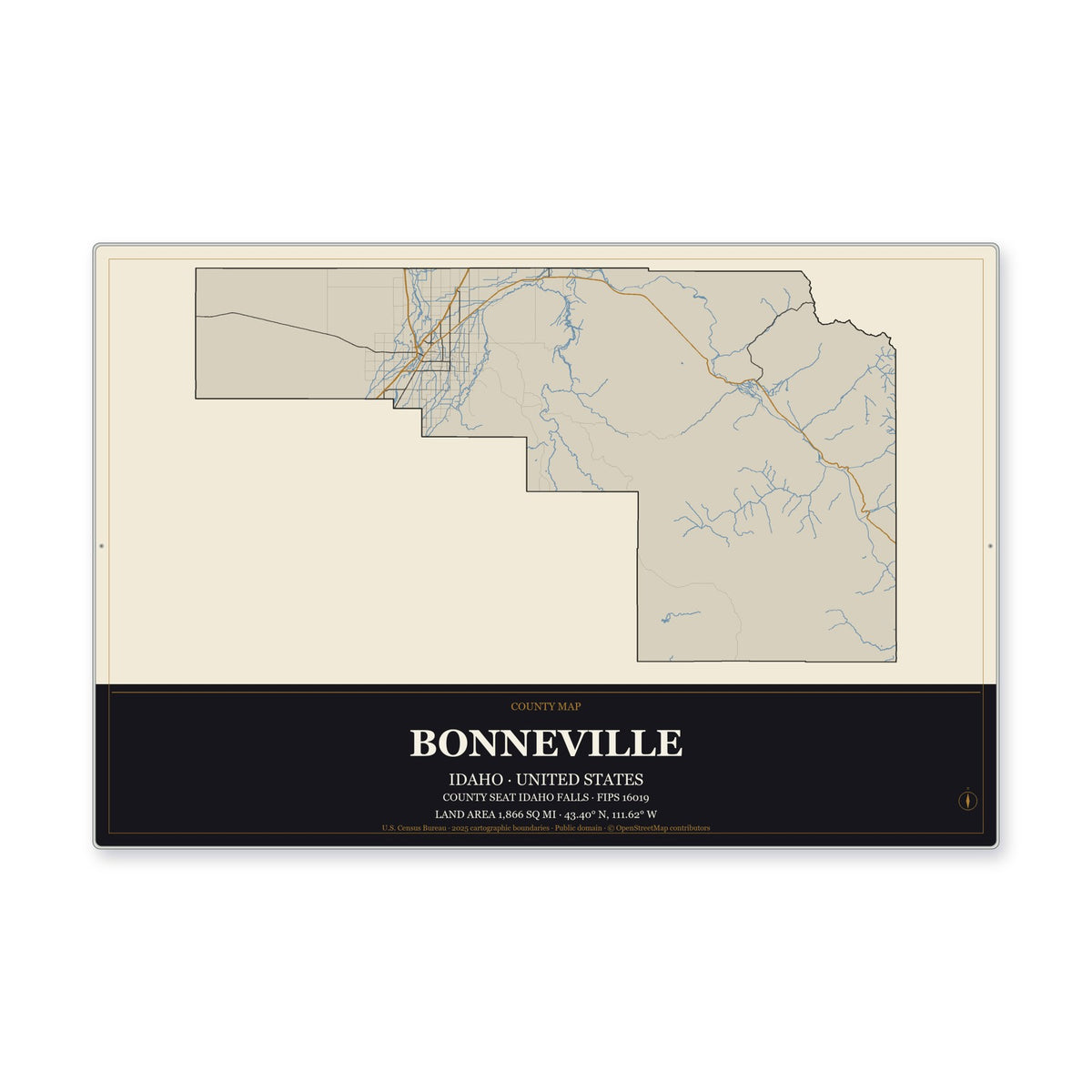 Bonneville County, Idaho Map Aluminum Sign in Museum Plaque style