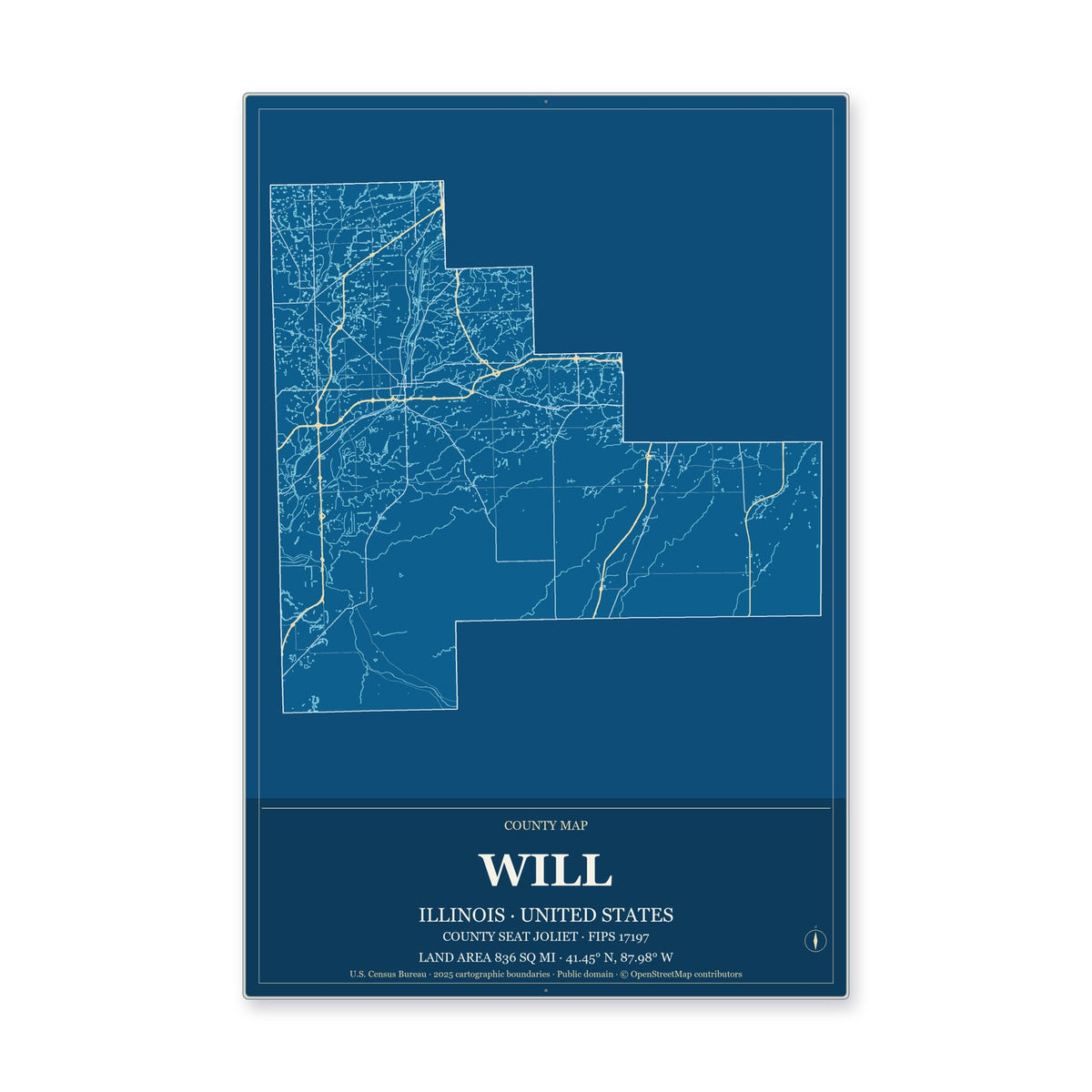 Will County, Illinois Map Aluminum Sign in Harbor Cobalt style