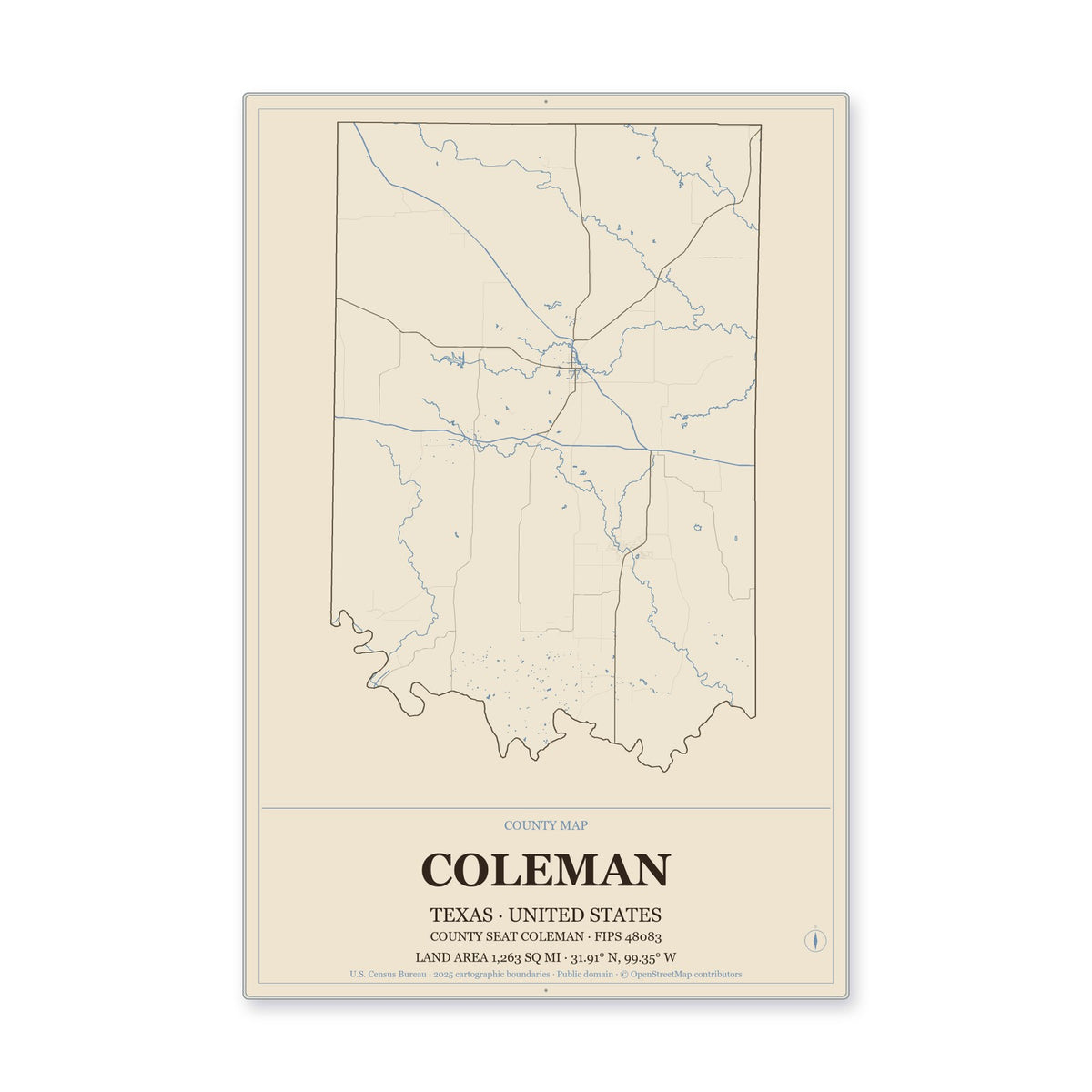 Coleman County, Texas Map Aluminum Sign in Heritage Nautical style