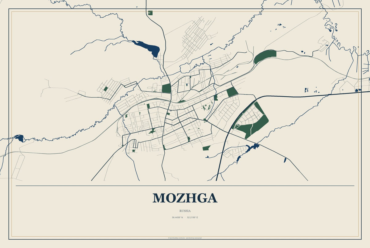 Mozhga, Russia City Map Aluminum Sign in Coastal Cutout style