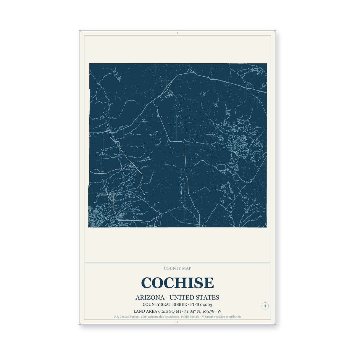 Cochise County, Arizona Map Aluminum Sign in Coastal Cutout style