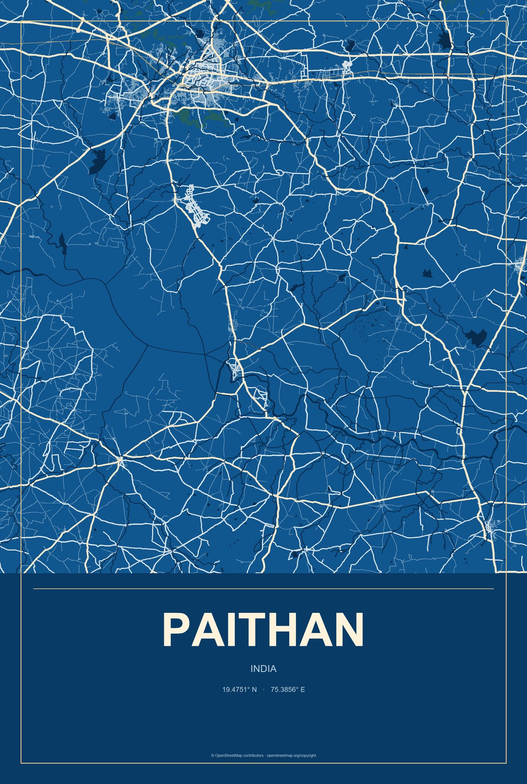 Paithan, India City Map Aluminum Sign in Harbor Cobalt style