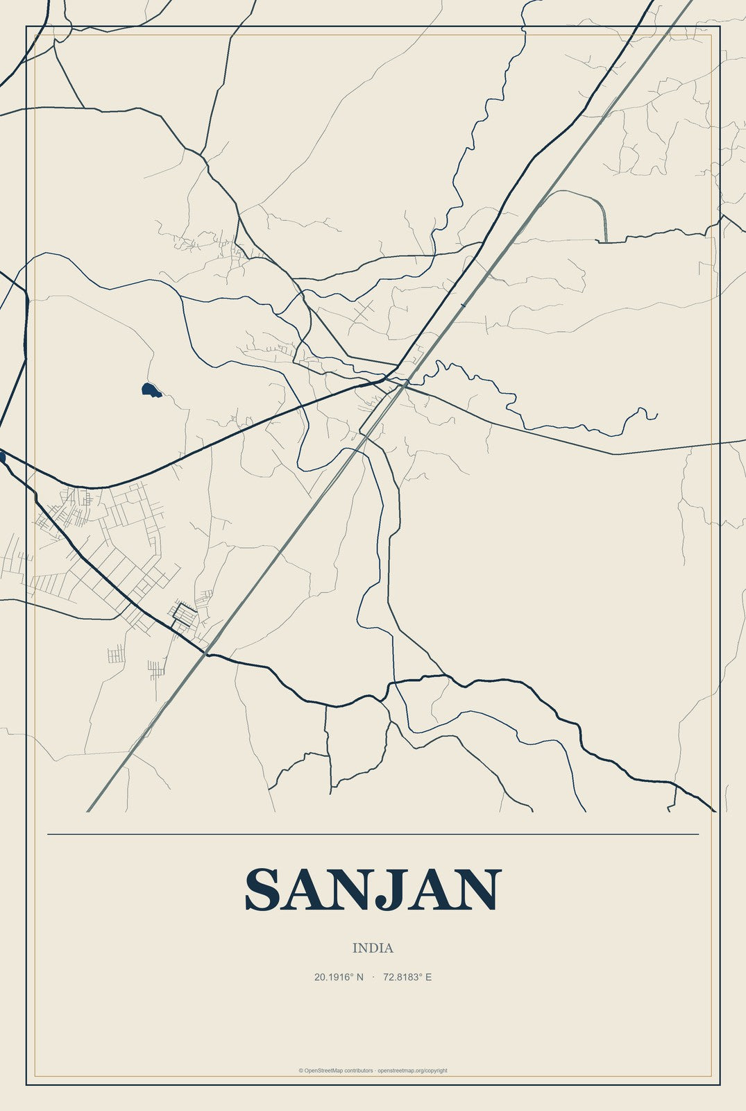 Sanjan, India City Map Aluminum Sign in Coastal Cutout style