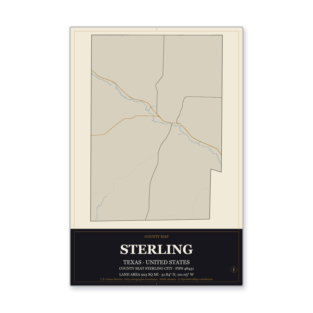 Sterling County, Texas Map Aluminum Sign in Museum Plaque style