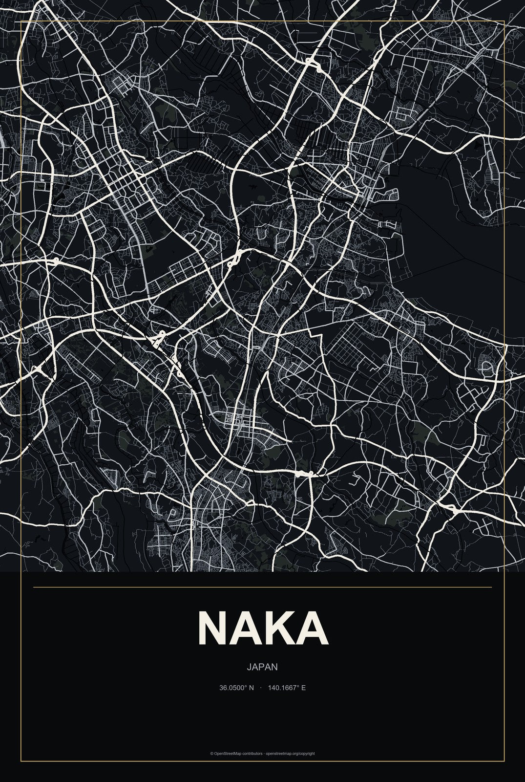 Naka, Japan City Map Aluminum Sign in Metropolitan Noir style