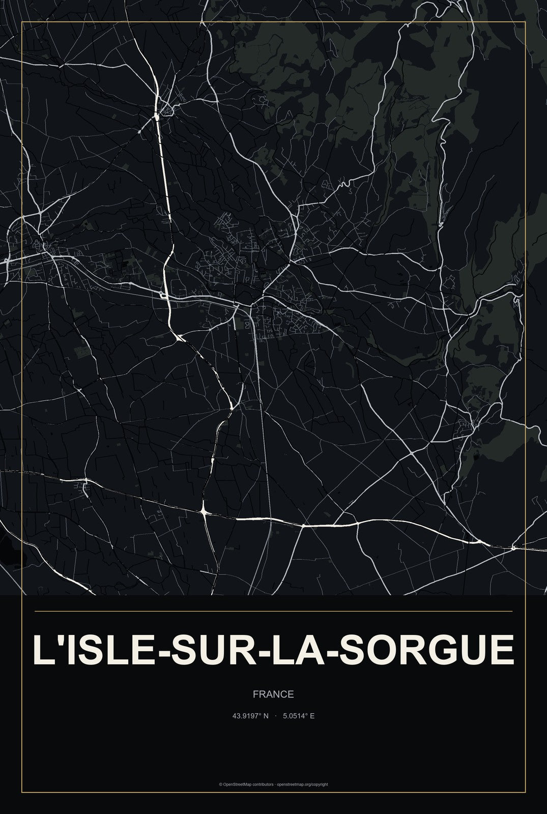 L'Isle-sur-la-Sorgue, France City Map Aluminum Sign in Metropolitan Noir style