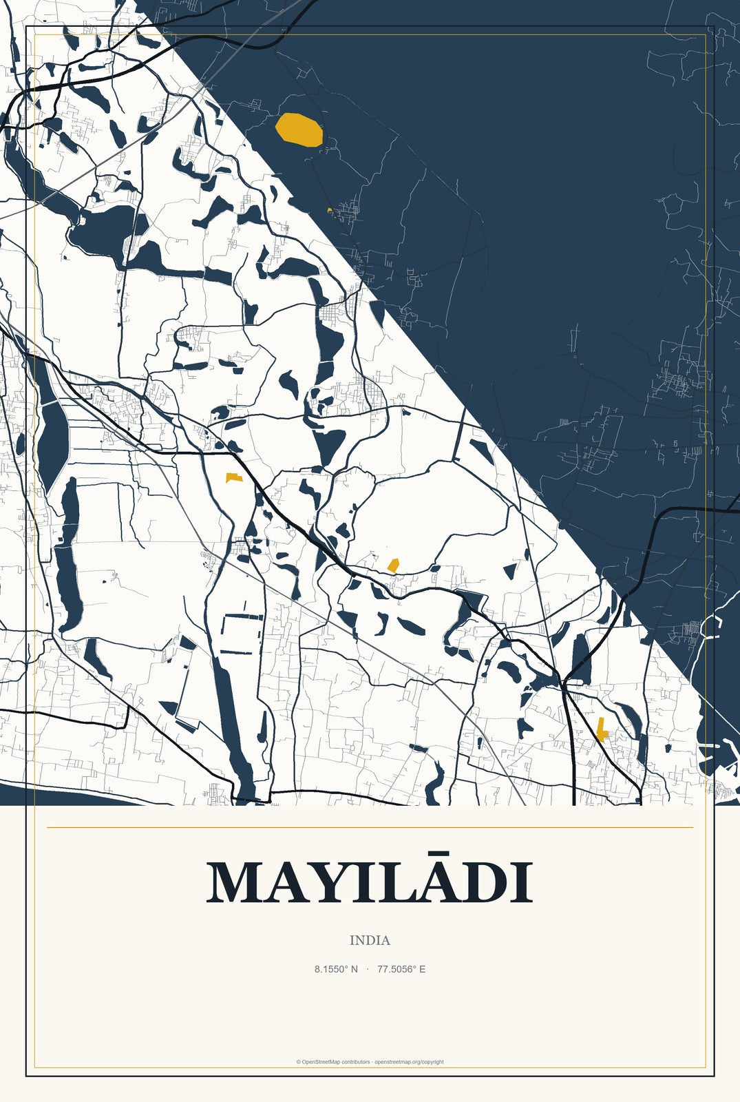 Mayilādi, India City Map Aluminum Sign in Citrine Modern style