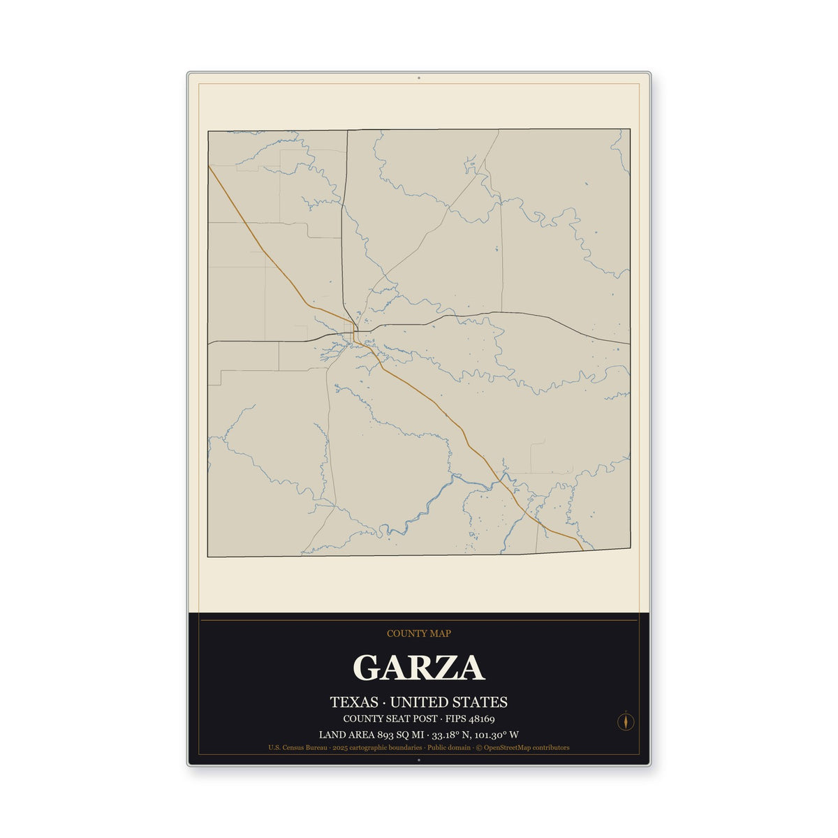 Garza County, Texas Map Aluminum Sign in Museum Plaque style