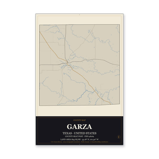 Garza County, Texas Map Aluminum Sign in Museum Plaque style