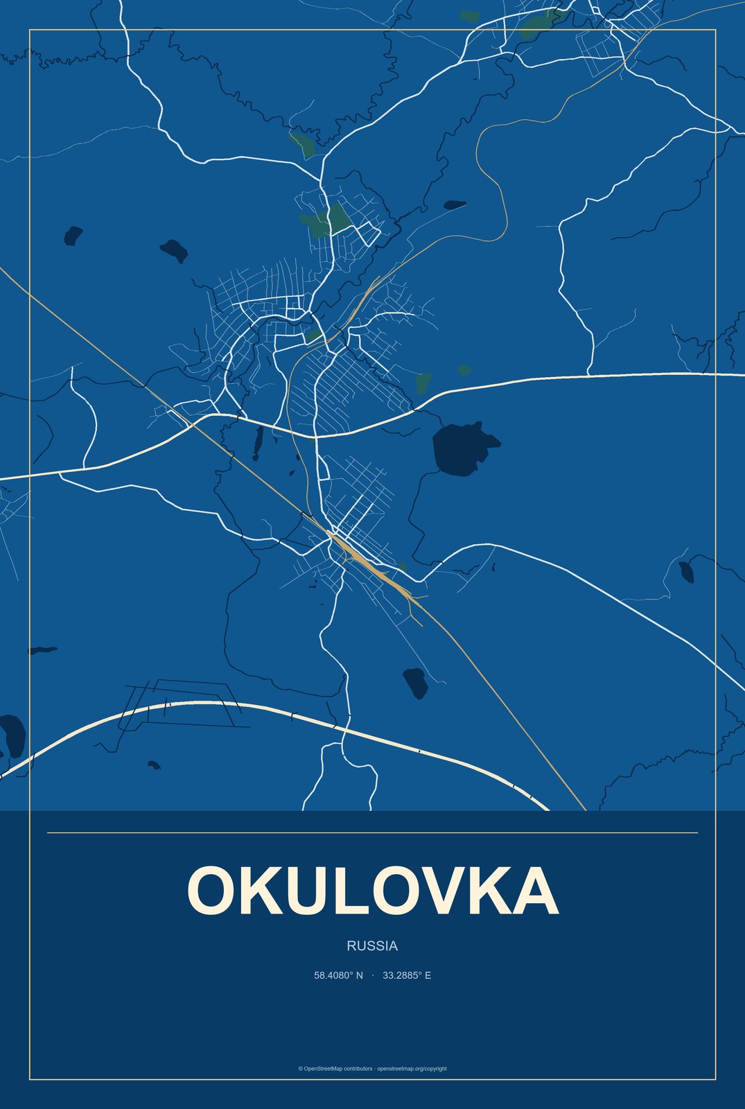 Okulovka, Russia City Map Aluminum Sign in Harbor Cobalt style