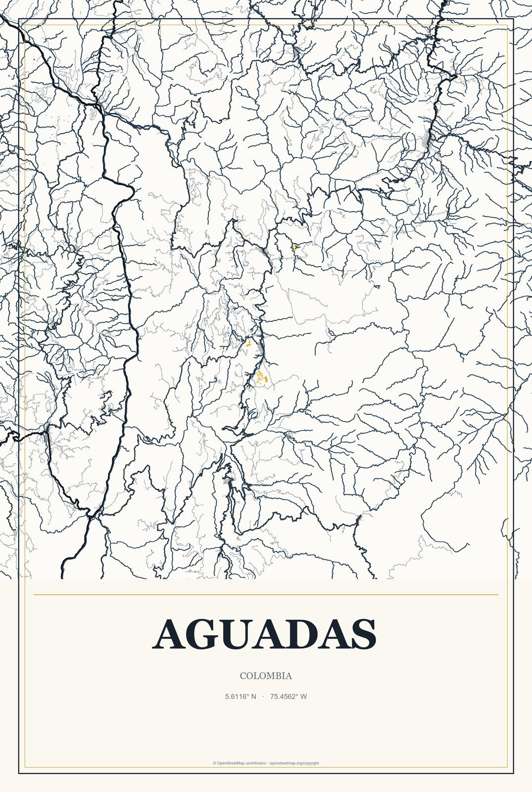 Aguadas, Colombia City Map Aluminum Sign in Citrine Modern style