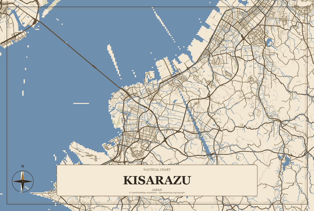 Kisarazu, Japan City Map Aluminum Sign in Heritage Nautical style