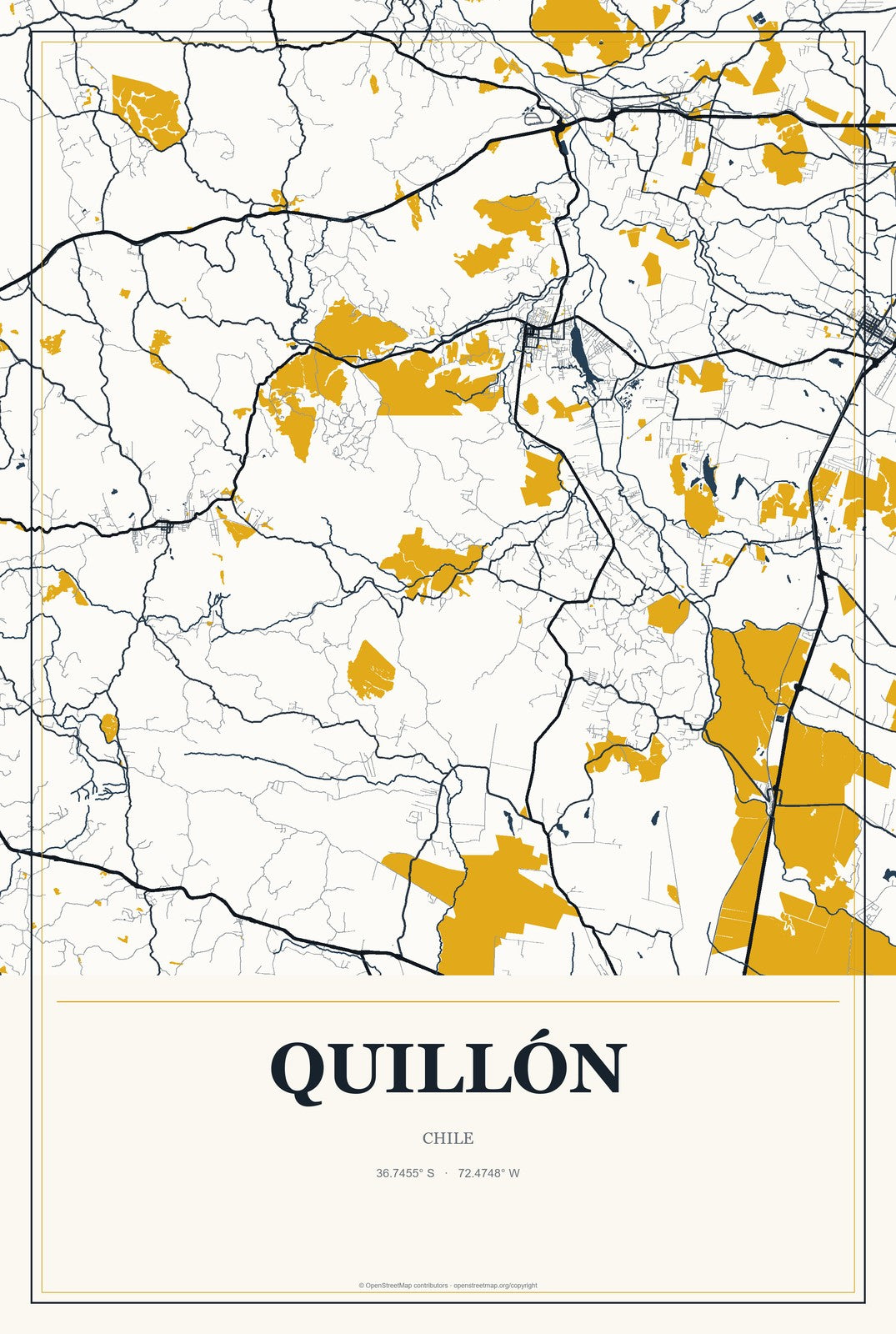 Quillón, Chile City Map Aluminum Sign in Citrine Modern style