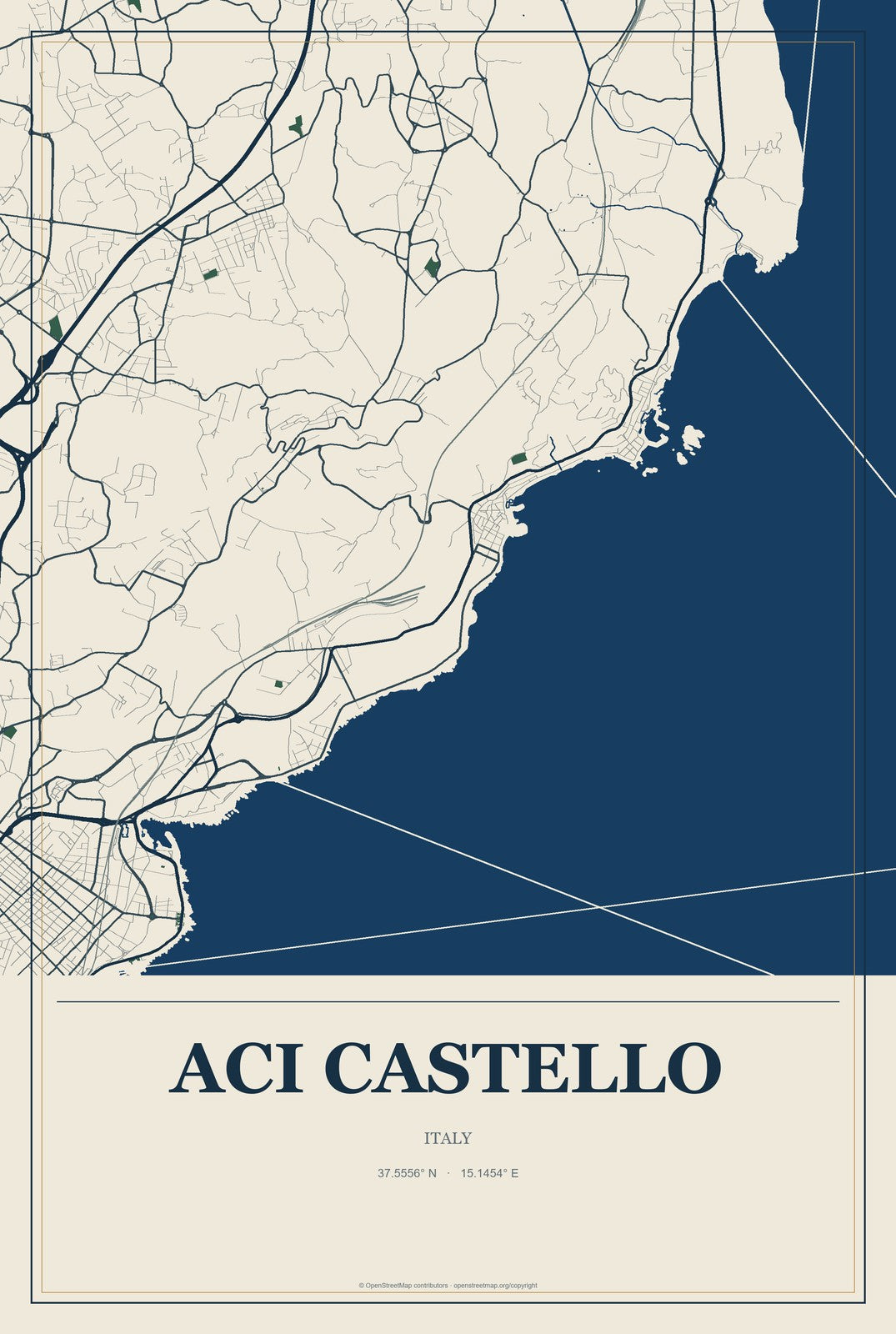 Aci Castello, Italy City Map Aluminum Sign in Coastal Cutout style