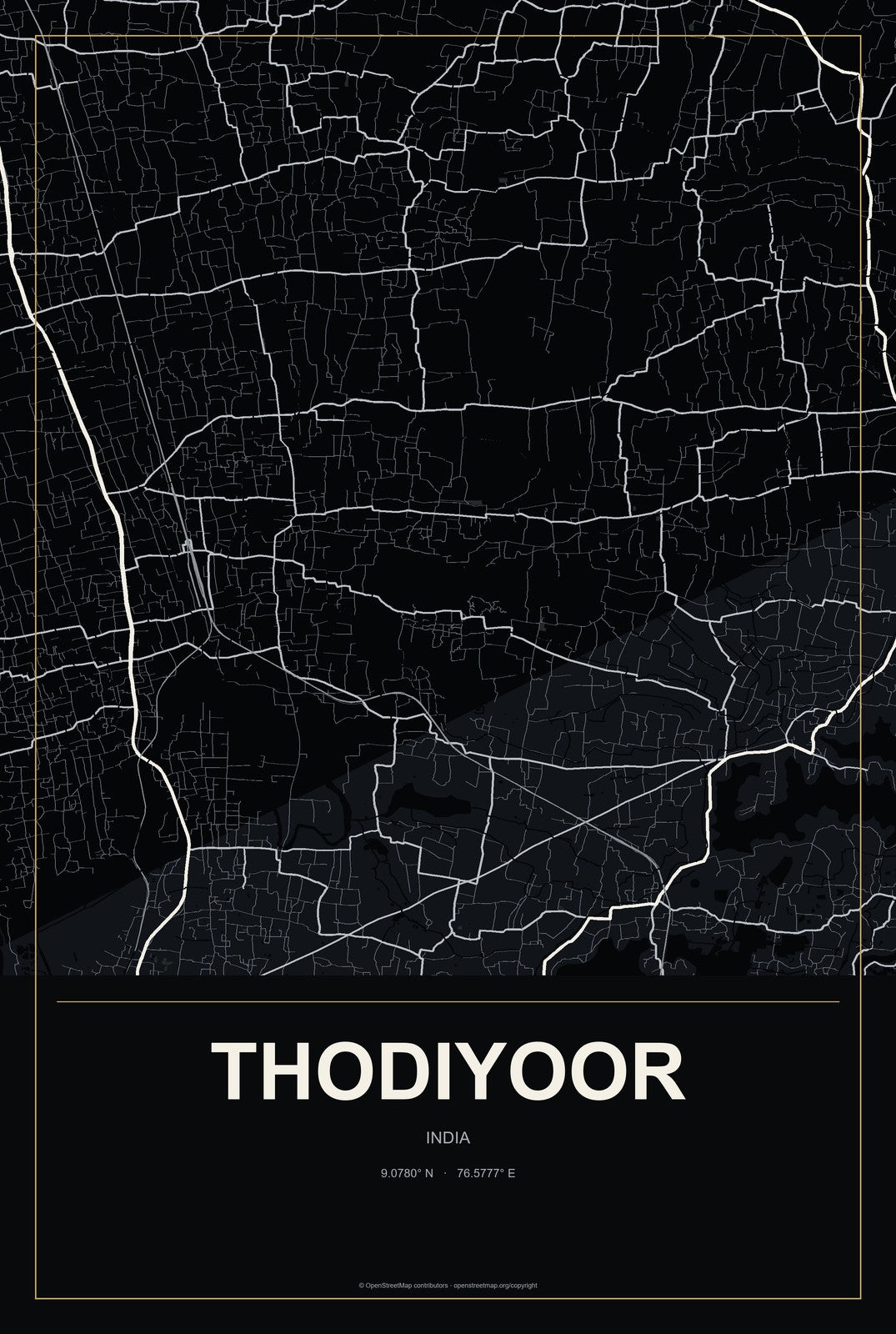 Thodiyoor, India City Map Aluminum Sign in Metropolitan Noir style