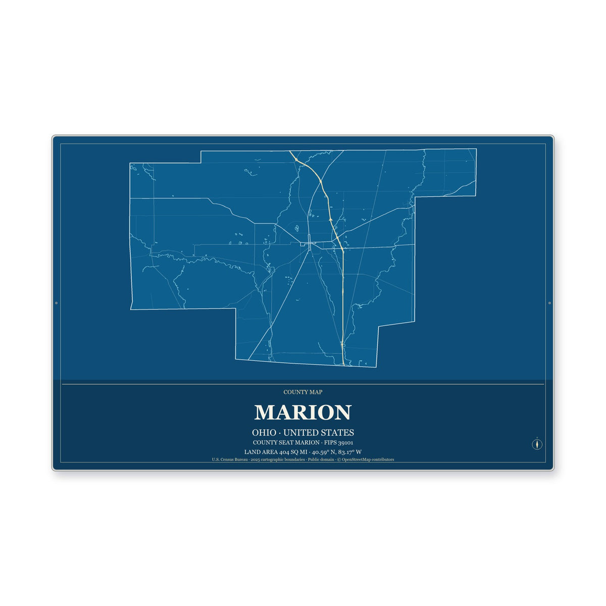 Marion County, Ohio Map Aluminum Sign in Harbor Cobalt style