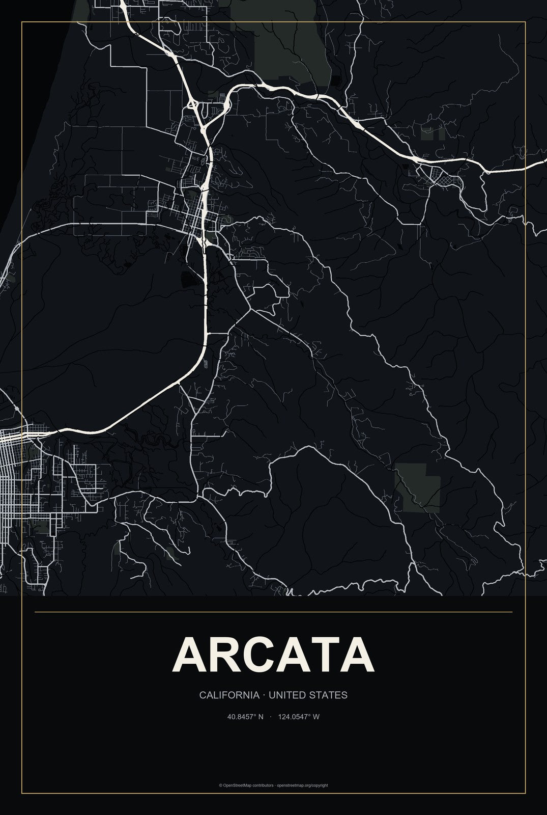 Arcata, California City Map Aluminum Sign in Metropolitan Noir style