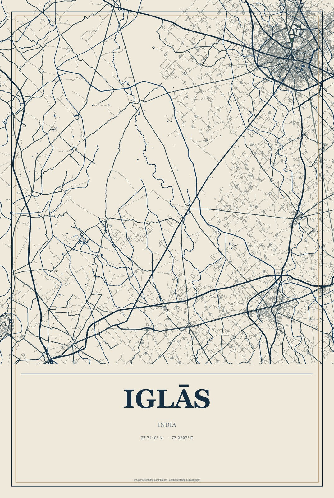 Iglās, India City Map Aluminum Sign in Coastal Cutout style