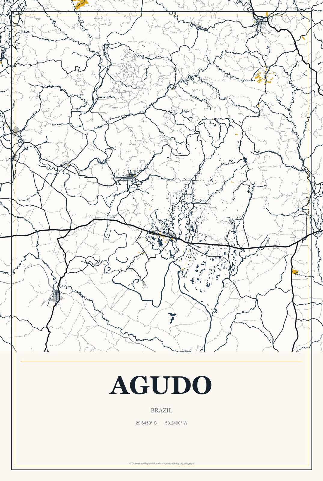 Agudo, Brazil City Map Aluminum Sign in Citrine Modern style