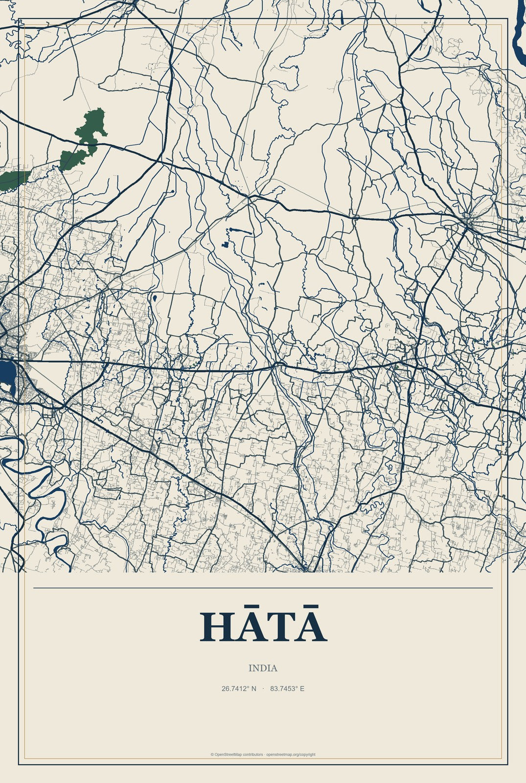 Hātā, India City Map Aluminum Sign in Coastal Cutout style