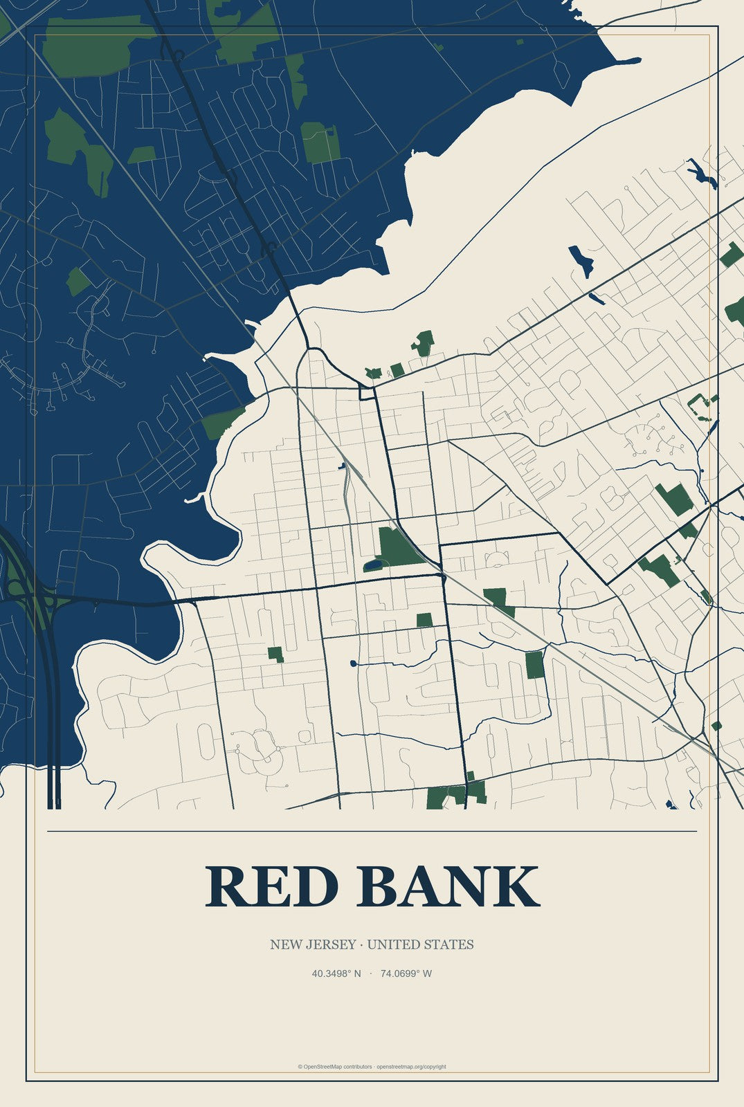 Red Bank, New Jersey City Map Aluminum Sign in Coastal Cutout style