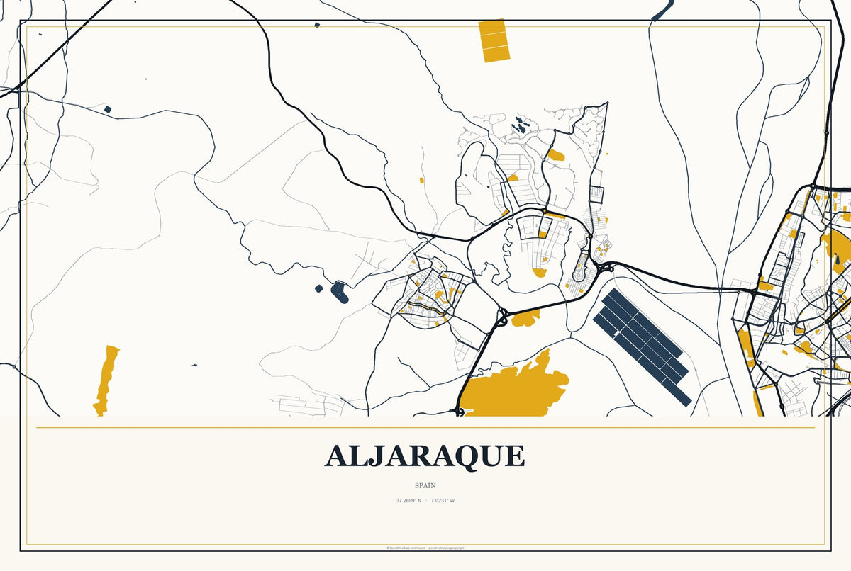 Aljaraque, Spain City Map Aluminum Sign in Citrine Modern style