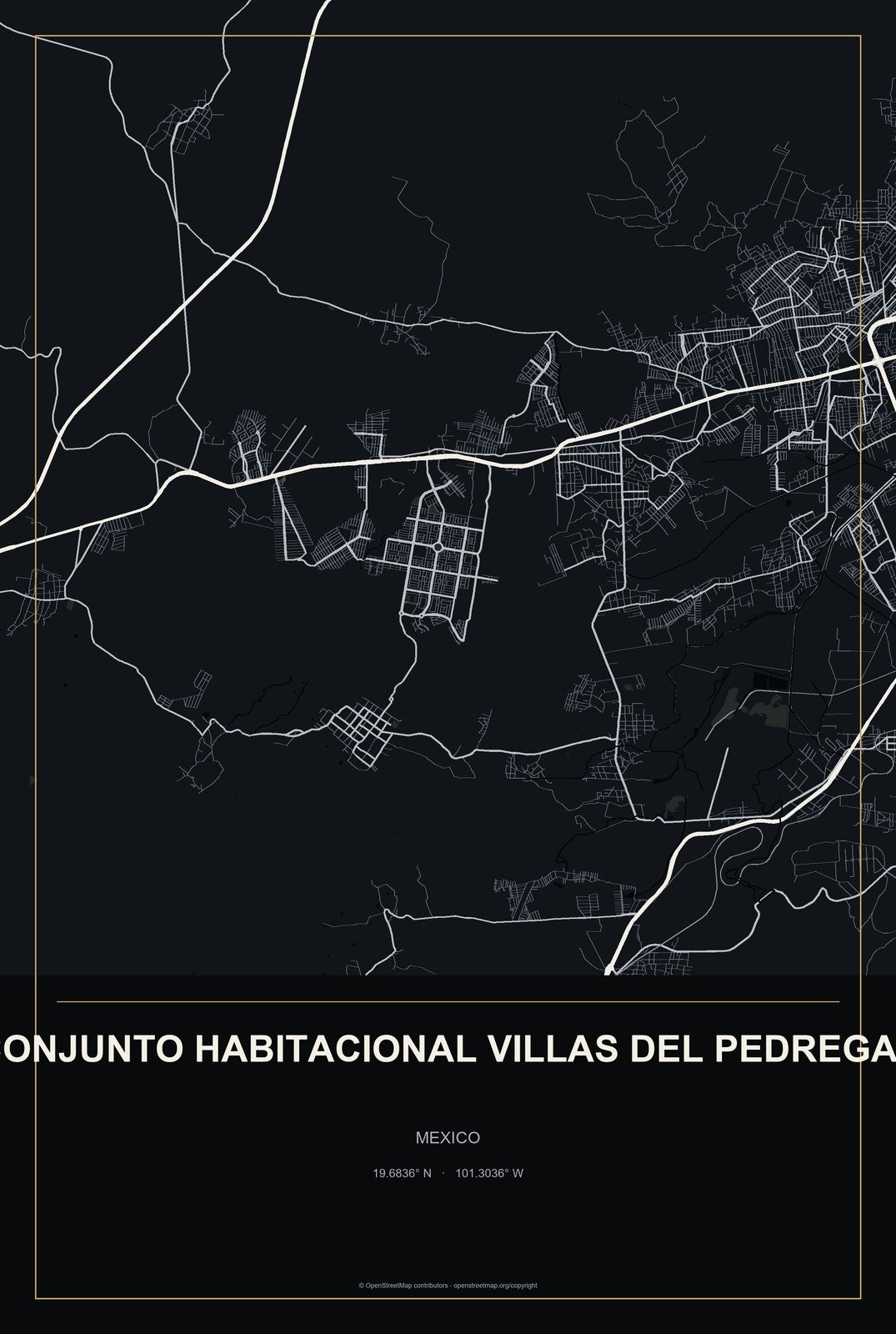 Conjunto Habitacional Villas del Pedregal, Mexico City Map Aluminum Sign in Metropolitan Noir style