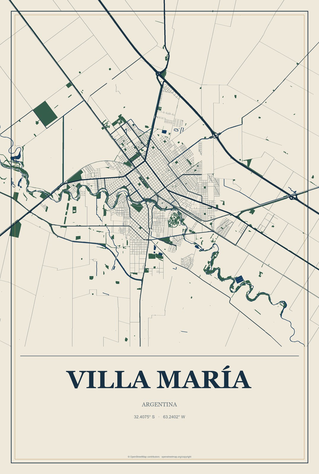 Villa María, Argentina City Map Aluminum Sign in Coastal Cutout style