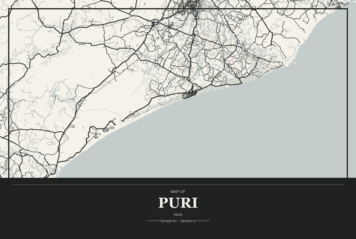 Puri, India City Map Aluminum Sign in Museum Plaque style