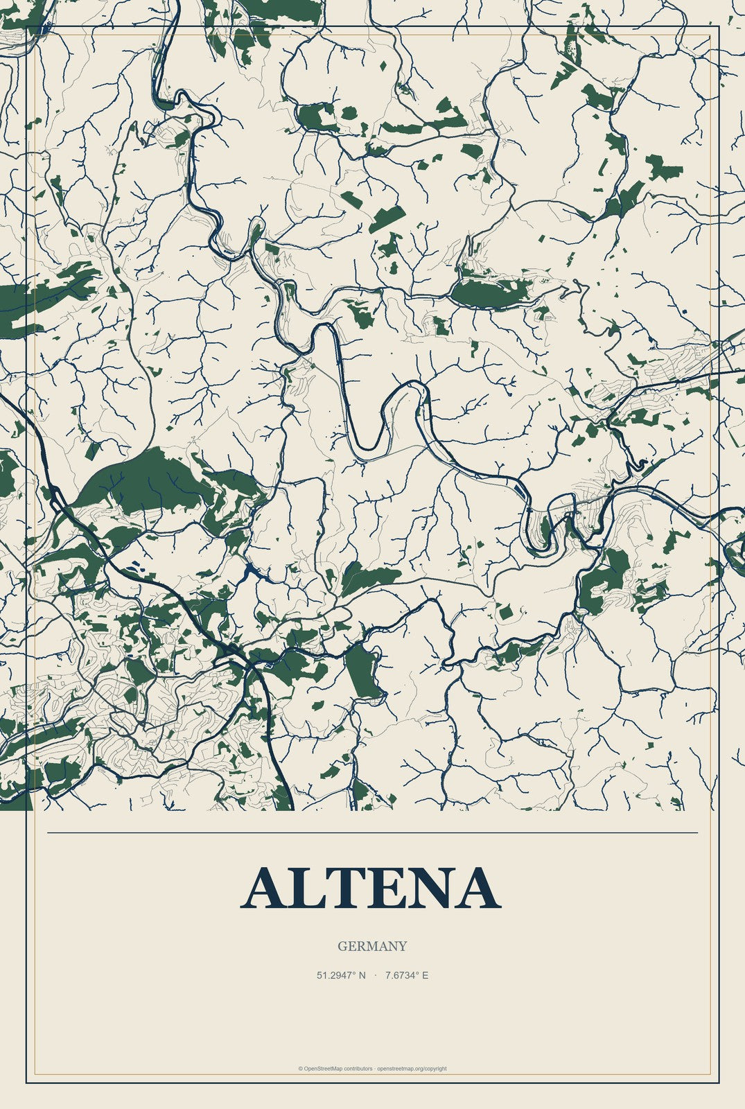 Altena, Germany City Map Aluminum Sign in Coastal Cutout style