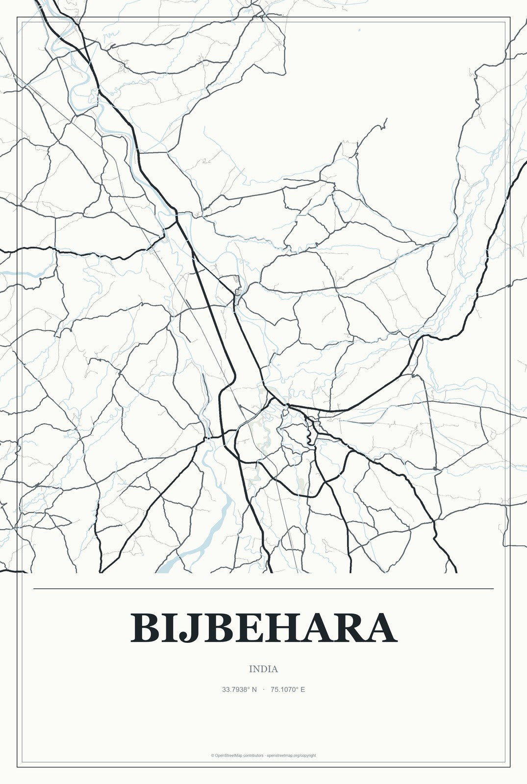 Bijbehara, India City Map Aluminum Sign in Gallery Air style