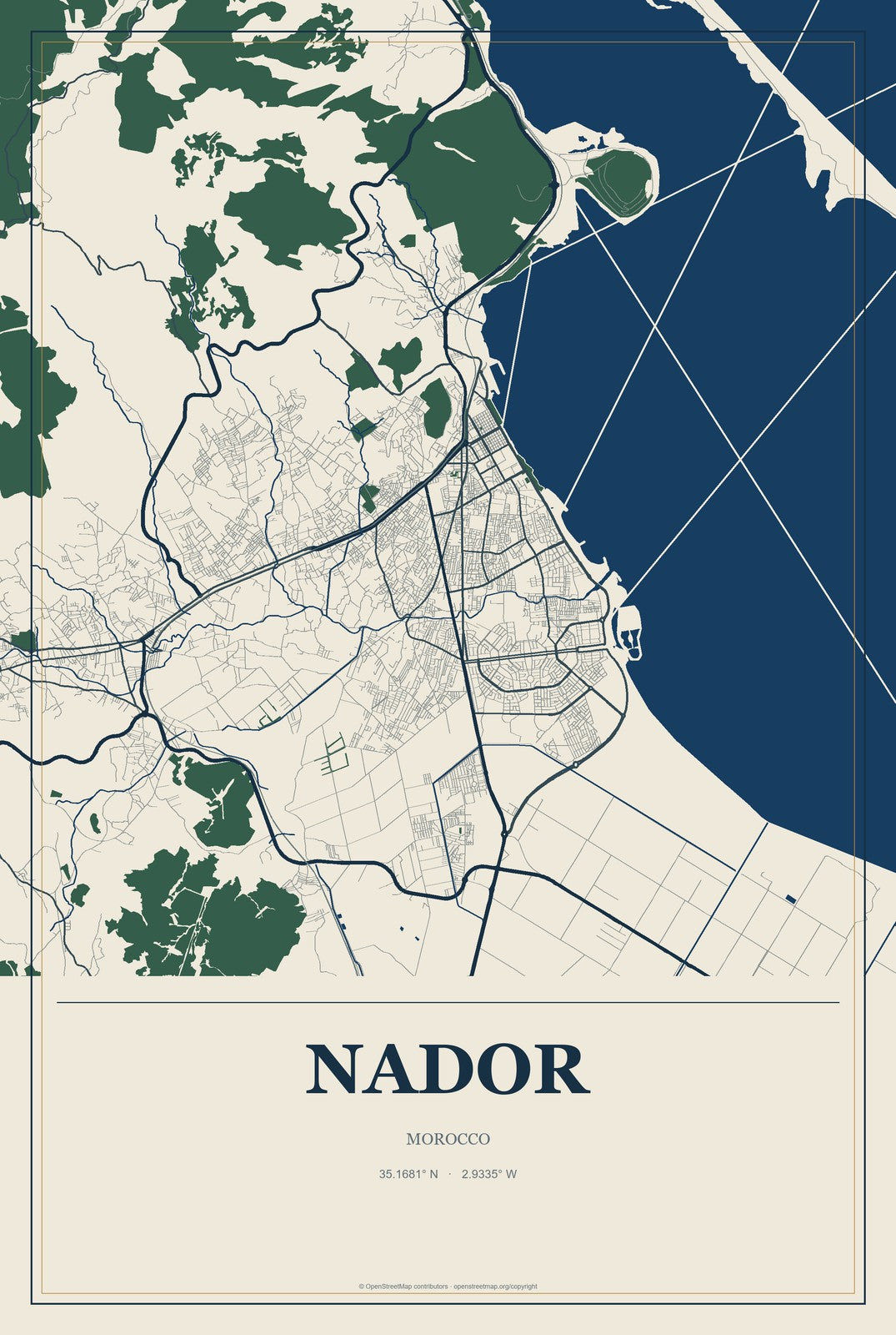 Nador, Morocco City Map Aluminum Sign in Coastal Cutout style