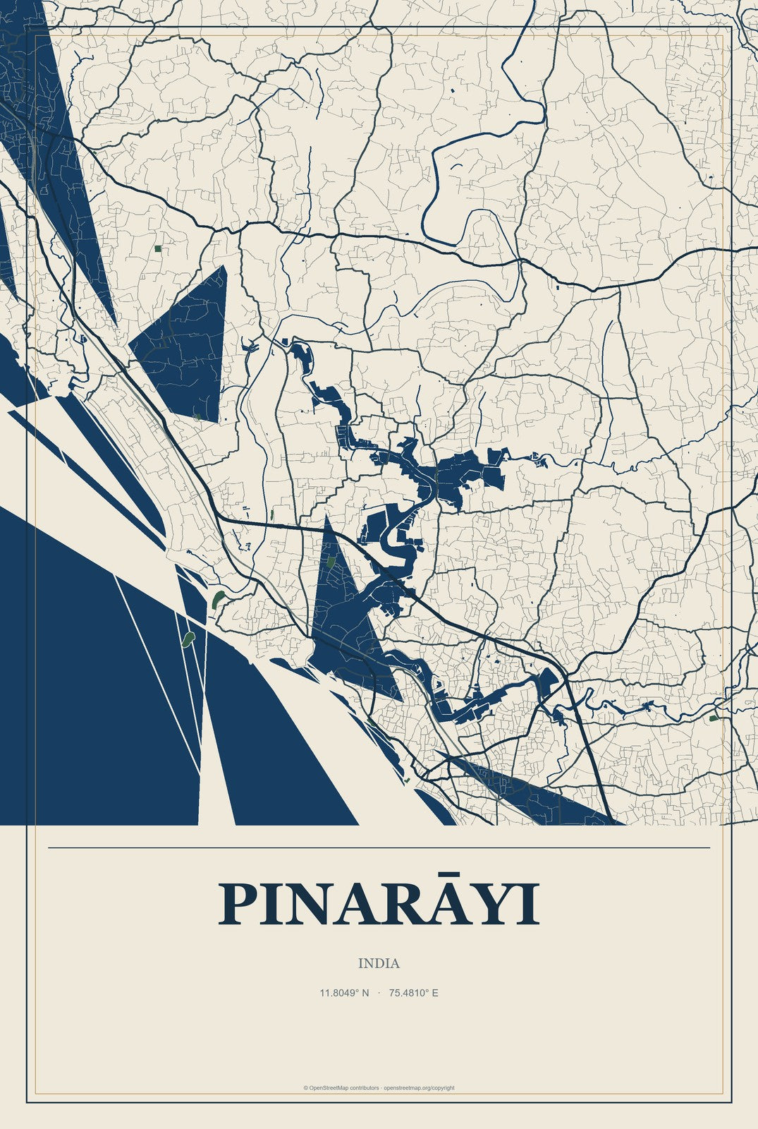 Pinarāyi, India City Map Aluminum Sign in Coastal Cutout style