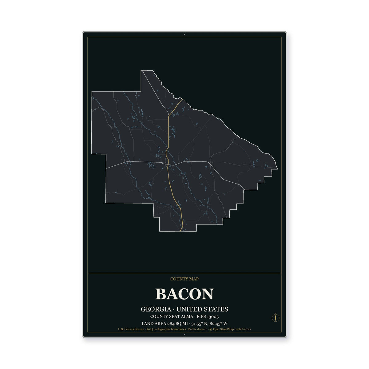 Bacon County, Georgia Map Aluminum Sign in Metropolitan Noir style