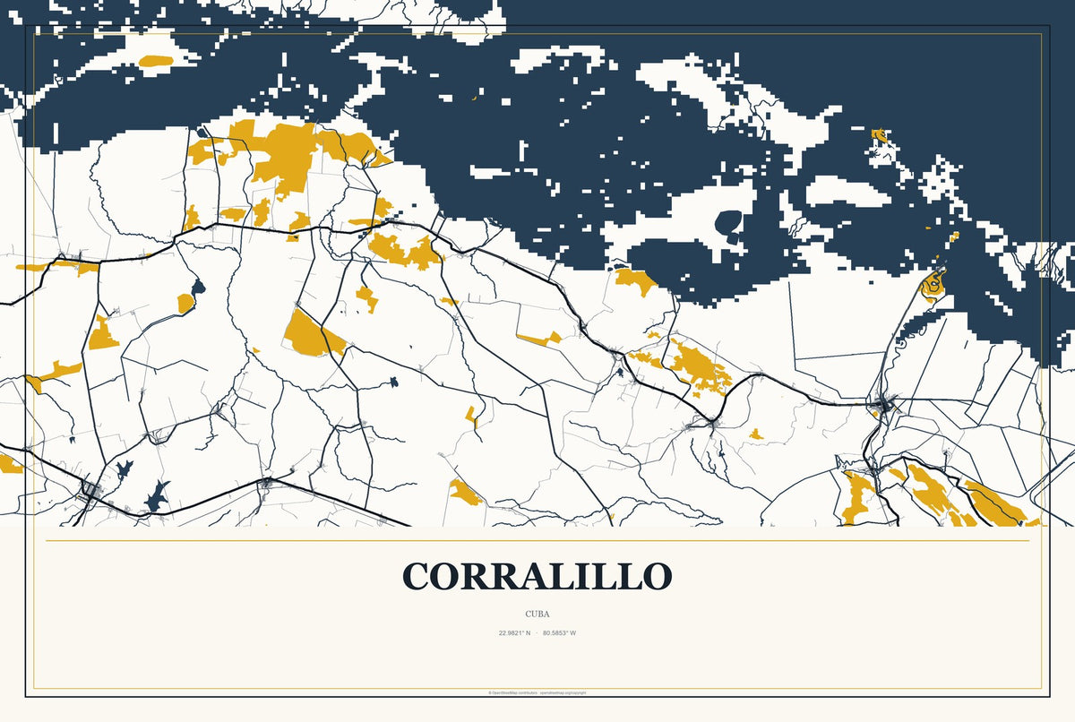 Corralillo, Cuba City Map Aluminum Sign in Citrine Modern style
