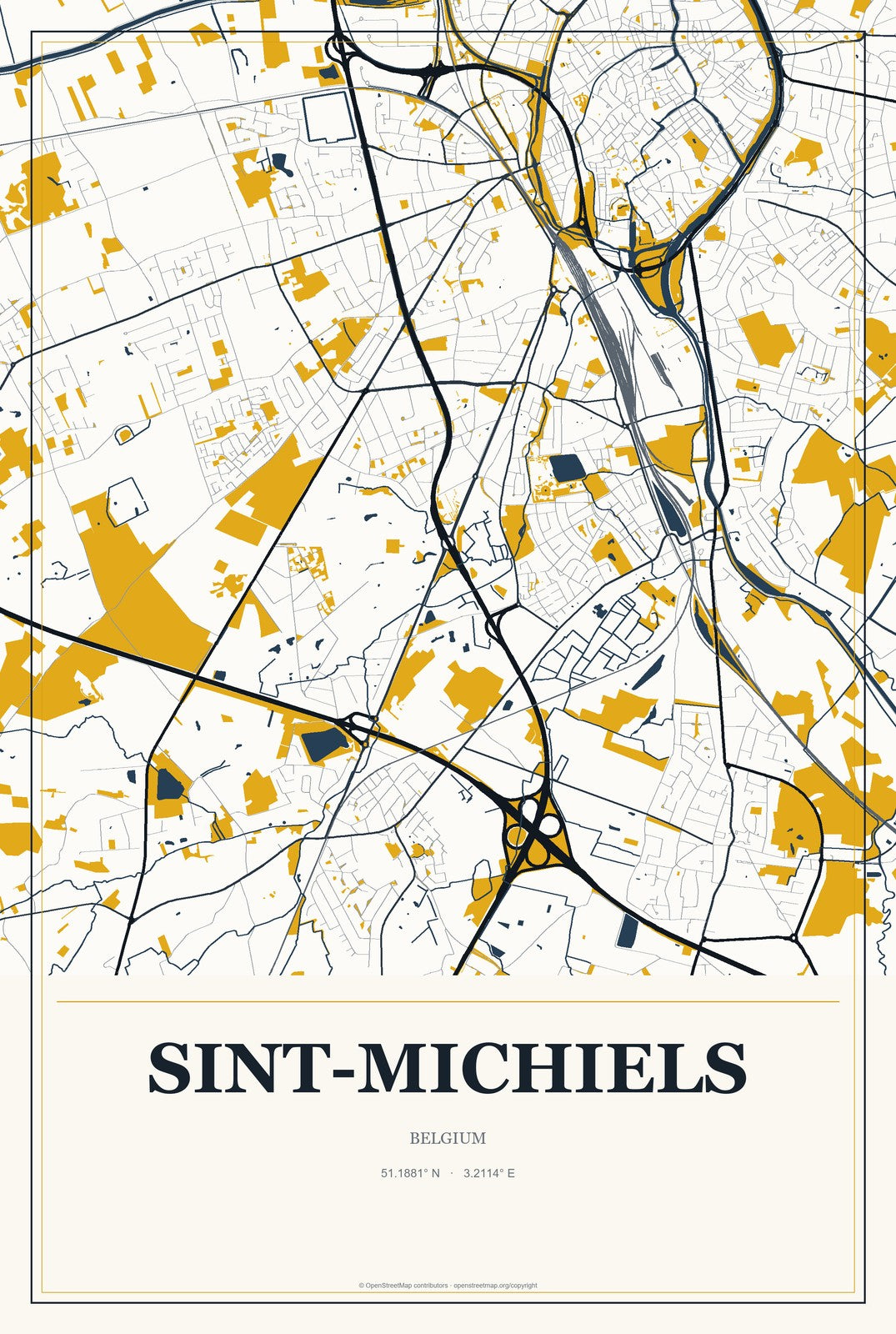 Sint-Michiels, Belgium City Map Aluminum Sign in Citrine Modern style