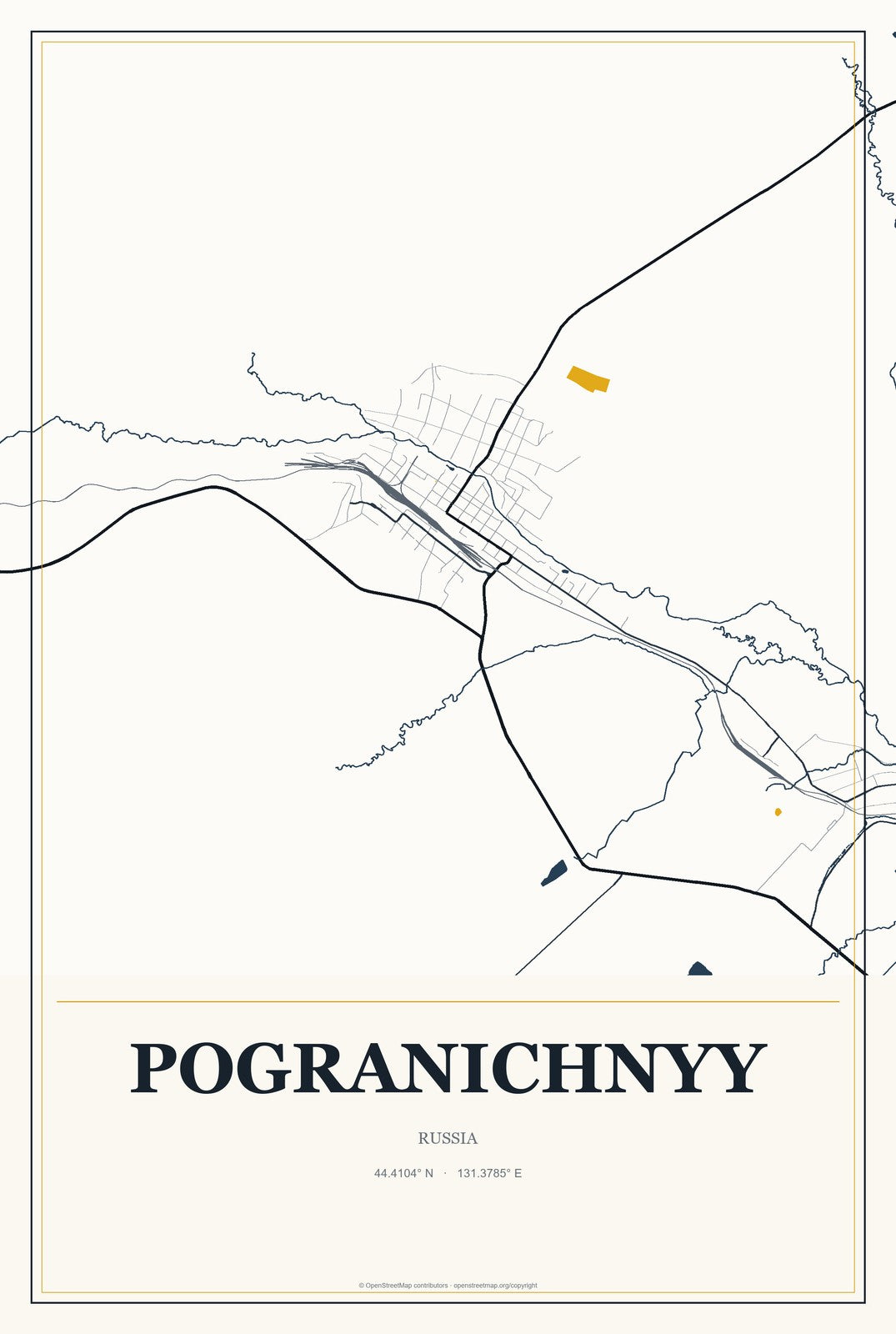 Pogranichnyy, Russia City Map Aluminum Sign in Citrine Modern style