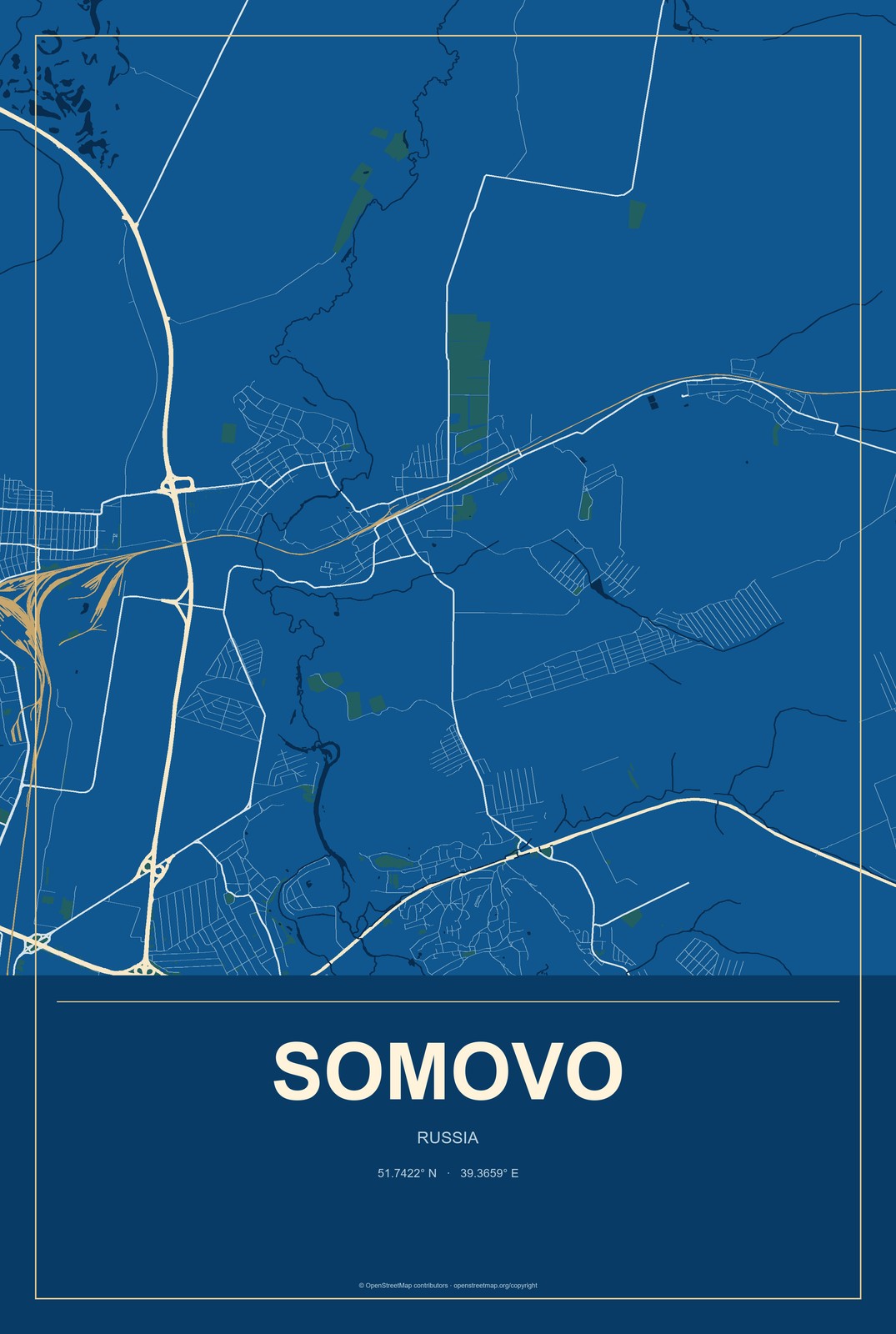 Somovo, Russia City Map Aluminum Sign in Harbor Cobalt style