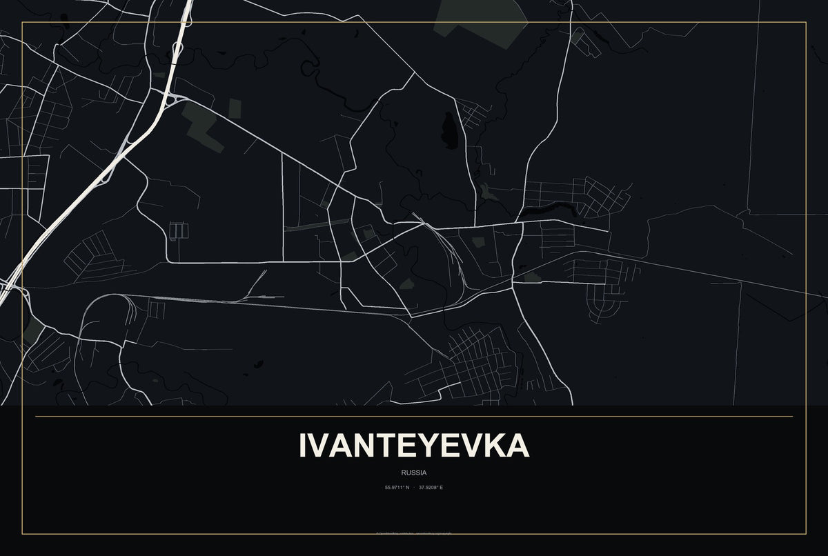 Ivanteyevka, Russia City Map Aluminum Sign in Metropolitan Noir style